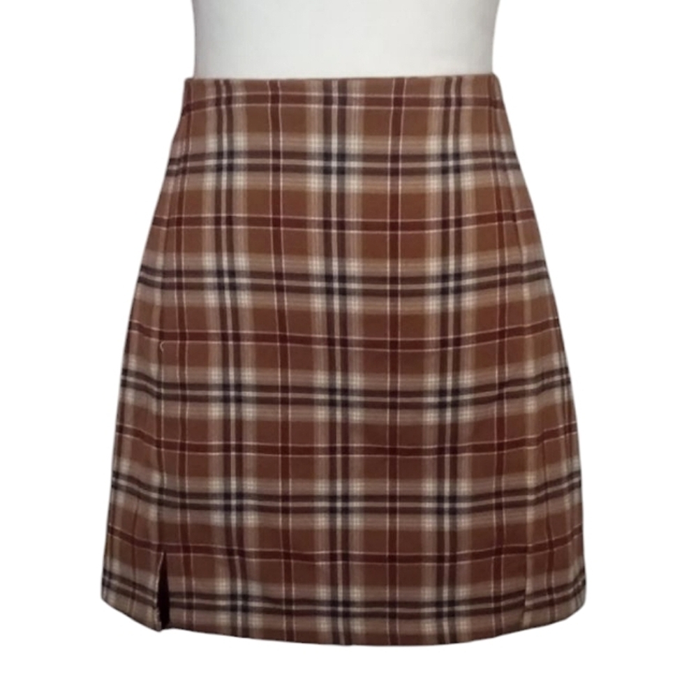 John Galt Tartan Plaid Zippered Mini Skirt Camel Red Black Colorway Size Small